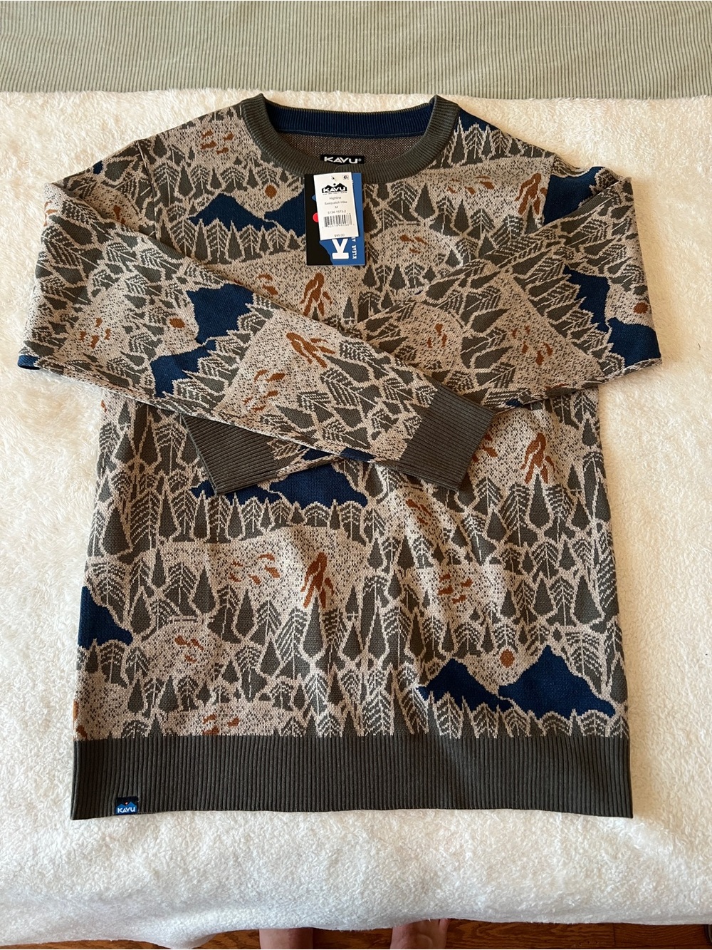 Kavu Olive, Navy & Brown Forest Pattern Crewneck Sweater